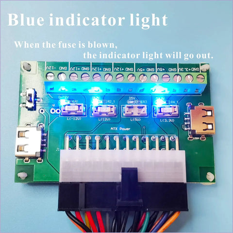 ATX Power Supply Breakout Board Splitter Module For Desktop Use with blue indicator lights and multiple power outputs