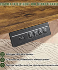 Heavy Duty Electric Standing Desk With Dual Memory Buttons And Rock Solid Brown Surface seriously built tough control panel showing height display
