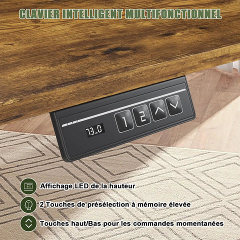 Heavy Duty Electric Standing Desk With Dual Memory Buttons And Rock Solid Brown Surface seriously built tough control panel showing height display