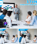 People in a conference room viewing a presentation, with inset images showing 4K 60fps USB C HDMI Camera for Computers and Laser Engravers.