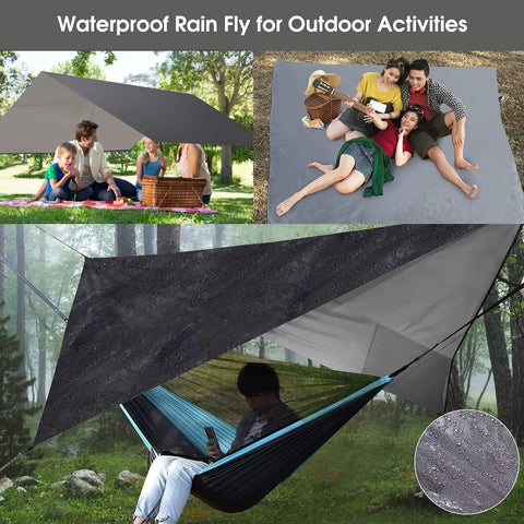 Camping Hammock With Built In Mosquito Net And Rain Fly, Heavy Duty Tree Straps, Nylon Parachute Fabric, One Piece Design shown in forest
