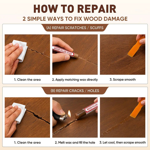 How to repair scratches and cracks using 24 Wood Filler Sticks And Furniture Repair Wax Crayons for hardwood restoration.