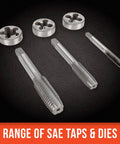 Kickstart Your Garage Projects With This Slick 40 Pc SAE Tap And Die Set Featuring Precision Built Taps And Dies For Creating Strong Internal And External Threads In Steel And Iron Without Breaking The Bank. SAE taps and dies set, steel, thread cutting tools
