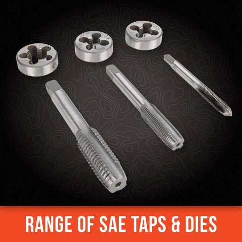 Kickstart Your Garage Projects With This Slick 40 Pc SAE Tap And Die Set Featuring Precision Built Taps And Dies For Creating Strong Internal And External Threads In Steel And Iron Without Breaking The Bank. SAE taps and dies set, steel, thread cutting tools