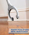 Side view of Unger 32-inch grabber/reacher tool with built-in magnet, gray plastic handle and claw jaws.