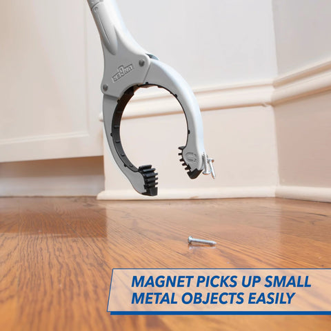 Side view of Unger 32-inch grabber/reacher tool with built-in magnet, gray plastic handle and claw jaws.