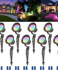 8 Pack 9W RGB Low Voltage Landscape Lights With Color Changing Outdoor Uplight And Wall Wash LED Spotlight Kit 12 24V ETL Listed Aluminum IP65 Waterproof, displayed on white background with colorful garden scenes.