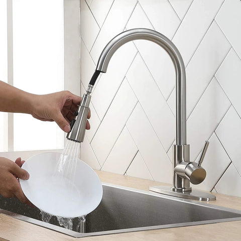Brushed Nickel Kitchen Faucet With Pull Down Sprayer High Arc Single Handle Stainless Steel Sink Faucet In Use Washing Plate