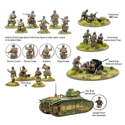 Bolt Action French Army Starter Army 1 To 56 Scale Tabletop Miniatures Plastic Paintable WWII Soldiers Set Unpainted 28mm Minifigures For Adults Gaming Figurines Pack, featuring 36 infantry figures and Char B1 bis tank.