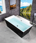 Contemporary 67 Inch Freestanding Acrylic Soaking Bathtub With Matte Black Drain And Overflow Deep Luxury Spa Tub For Modern Bathrooms in a stylish bathroom setting.