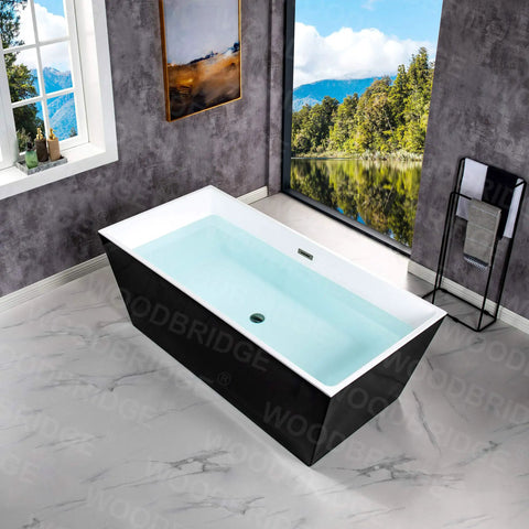 Contemporary 67 Inch Freestanding Acrylic Soaking Bathtub With Matte Black Drain And Overflow Deep Luxury Spa Tub For Modern Bathrooms in a stylish bathroom setting.