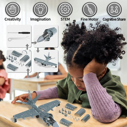 Child assembling STEM Building Project Airplane Kit For Kids 8 9 10 11 12 With 282 Pieces, Model Jet Set, surrounded by parts