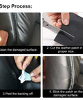 4-step process for applying Heavy Duty Self Adhesive Leather And Vinyl Repair Tape 3X60 Inch for couches and cars in dark black.