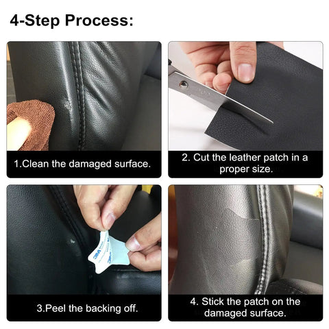 4-step process for applying Heavy Duty Self Adhesive Leather And Vinyl Repair Tape 3X60 Inch for couches and cars in dark black.