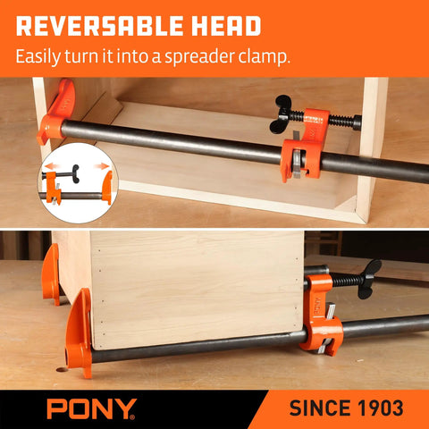 Heavy Duty Deep Reach Pipe Clamps 2 Pack For Woodworkers And Diy Crews 3/4 Inch Threaded Steel Vise Kit showing reversible head for spreading.