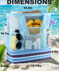 Blue Beach Bag With Built In Detachable Cooler Compartment, Mesh Dry Wet Bag With Zipper Pockets shown with dimensions on sand