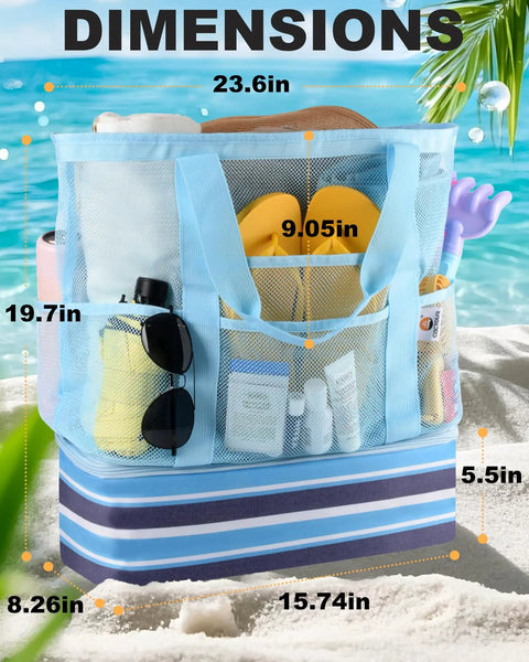 Blue Beach Bag With Built In Detachable Cooler Compartment, Mesh Dry Wet Bag With Zipper Pockets shown with dimensions on sand