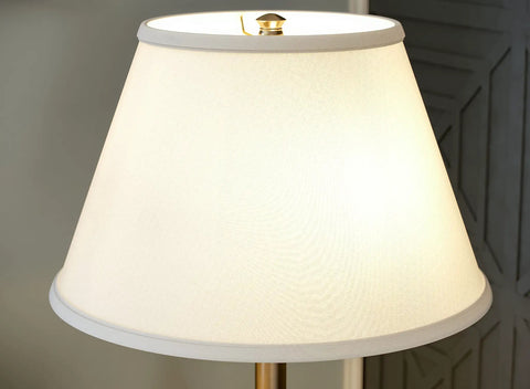 Close-up of linen shade on Spyglass Table Lamp With Antique Brass Finish Dope Retro Modern Classic Vibe 30.5 Inch Tall
