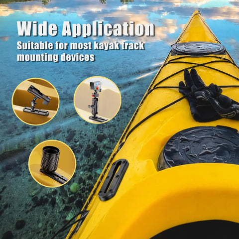 Universal Kayak Track Rails Mount Kit 4 Inch Two Pack For Fish Finder Rod Holder And Accessories Paddle Holder Camera Mounts Cup Holders Easy Rig For Your Kayak Fishing Setup. Yellow kayak with track rail mounts for accessories