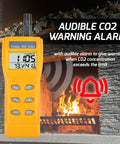 Must Have Handheld CO2 Meter With Alarm 0 To 9999ppm Carbon Dioxide Detector Temperature And Humidity Readouts NDIR Sensor Air Quality Monitor For Home Office Classroom And Travel next to a fireplace with warning icons