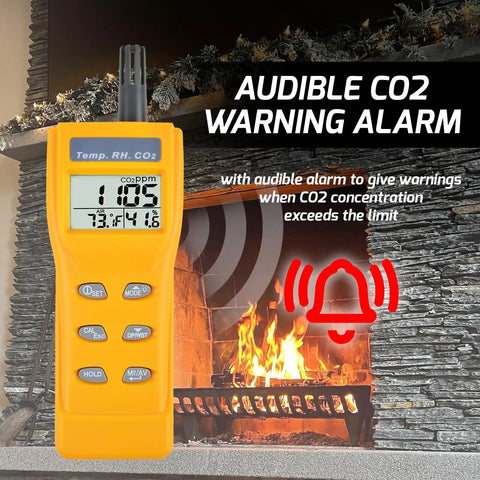 Must Have Handheld CO2 Meter With Alarm 0 To 9999ppm Carbon Dioxide Detector Temperature And Humidity Readouts NDIR Sensor Air Quality Monitor For Home Office Classroom And Travel next to a fireplace with warning icons