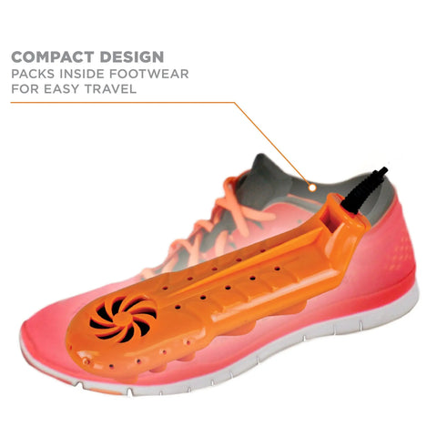 Ready In A Snap Boot Dryer And Portable Shoe Dryer Featuring Hybrid Forced Air Heating To 99 Degrees for compact travel inside pink sneaker.