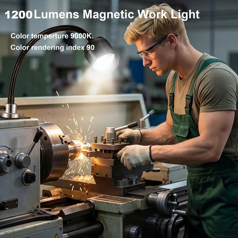 Operator working with lathe illuminated by 1200 Lumen Magnetic Work Light, showing extendable 16 inch gooseneck and strong magnetic base.
