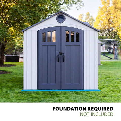 10x8 Ft Gray Resin Outdoor Storage Shed With Dual Entry Doors Weather Resistant Tool Shed Steel Reinforced Walls High Pitched Roof For Fast Drainage And Extra Storage Built To Last standing in garden without foundation