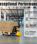 Heavy Duty Amarite Electric Pallet Jack With 4400 Lbs Capacity For Moving Heavy Goods Fast, Lithium Powered Forklift Truck With 48v Battery in warehouse.