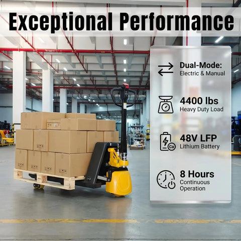 Heavy Duty Amarite Electric Pallet Jack With 4400 Lbs Capacity For Moving Heavy Goods Fast, Lithium Powered Forklift Truck With 48v Battery in warehouse.