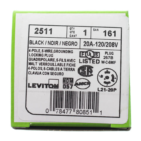 Packaging for Heavy Duty Locking 20 Amp Plug NEMA L21-20P 4 Pole 5 Wire Connector For 120 And 208 Volts with specs and barcode