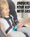 Parent using Car Seat Buckle Release Tool For Easy Unbuckling On 5 Point Harnesses on toddler's car seat, as seen on Shark Tank.