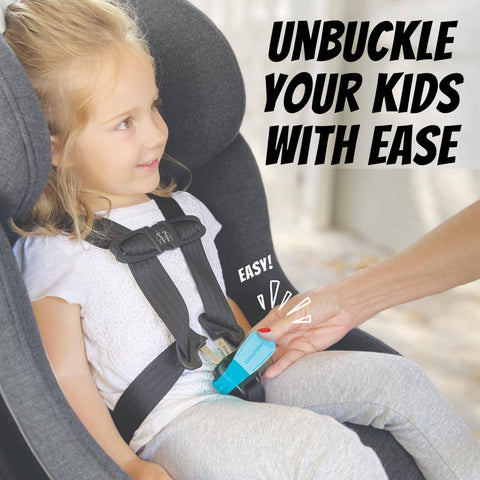 Parent using Car Seat Buckle Release Tool For Easy Unbuckling On 5 Point Harnesses on toddler's car seat, as seen on Shark Tank.