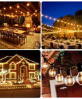 50Ft Led G40 Globe String Lights With 50 Plus 2 Dimmable Edison Bulbs, illuminating outdoor patio, wedding venue, house, and close-up view.