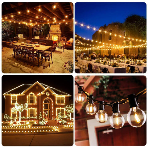 50Ft Led G40 Globe String Lights With 50 Plus 2 Dimmable Edison Bulbs, illuminating outdoor patio, wedding venue, house, and close-up view.