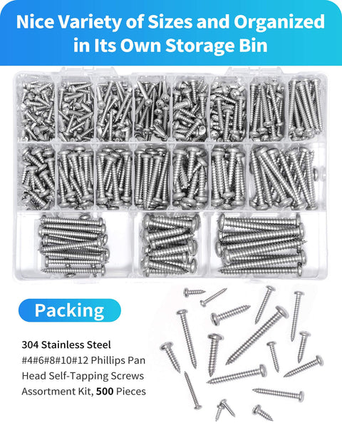 Stainless Steel Wood Screws Kit 500 Piece Assortment with 18 Common Sizes in a storage bin for woodworking projects.