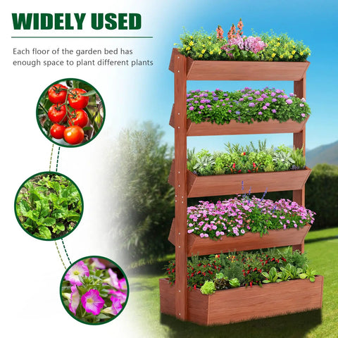 Five Tier Vertical Wooden Raised Garden Bed Freestanding Planter Box Stand For Planting Herbs Flowers Vegetables Outdoor Gardening