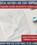 Folded Disposable White Lab Coat For Medical Settings, Large, Case Of 30, Unisex Fit, Latex Free PPE Coat With Snaps, on table.