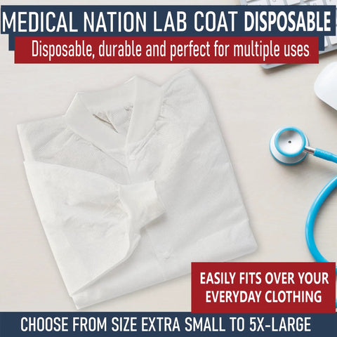 Folded Disposable White Lab Coat For Medical Settings, Large, Case Of 30, Unisex Fit, Latex Free PPE Coat With Snaps, on table.