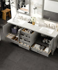 Kickstart Your Reno With This Legit 84 Inch Gray Double Sink Bathroom Vanity Featuring A Genuine White Carrara Top And Solid Wood Construction Plus Premium Brushed Nickel Hardware, showing the open drawers and organized storage.