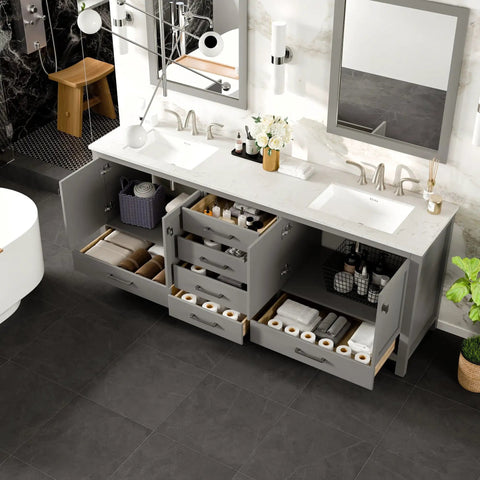 Kickstart Your Reno With This Legit 84 Inch Gray Double Sink Bathroom Vanity Featuring A Genuine White Carrara Top And Solid Wood Construction Plus Premium Brushed Nickel Hardware, showing the open drawers and organized storage.