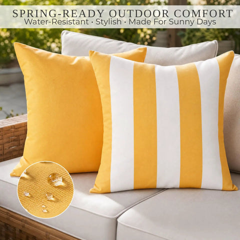 Outdoor Pillow Covers Set Of 2 18x18 Waterproof Throw Pillow Covers for porch patio furniture, yellow and striped design