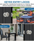 Keyed Entry Door Knob With Lock In Satin Nickel Finish Solid Stainless Steel shown on dark doors with indoor and outdoor views