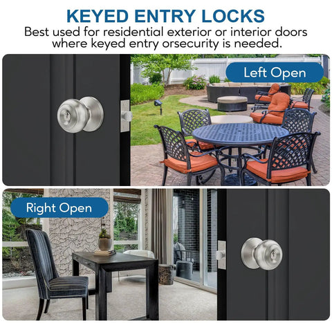 Keyed Entry Door Knob With Lock In Satin Nickel Finish Solid Stainless Steel shown on dark doors with indoor and outdoor views