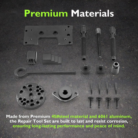 Top view of Mofun Harley Twin Cam engine repair tool kit in black with plate, long guide bolts, spacers, and bearing guides