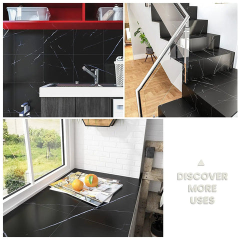 Collage showing Black Marble Peel And Stick Floor Tiles 12 X 12 Inches Self Adhesive Vinyl Flooring waterproof and durable indoors.