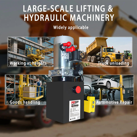Heavy Duty Single Acting Hydraulic Pump 8 Quart Power Unit With 12V DC Motor And SAE #6 Fittings for automotive repair and truck unloading.