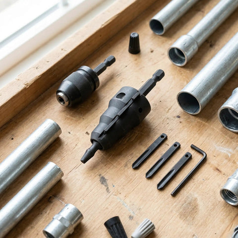 Drill Compatible Conduit Reaming Kit With One Quarter Inch Shank Pipe Reamer And Five Replacement Blades on wooden surface