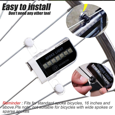 Installation of Led Bike Wheel Lights A12 Waterproof Bicycle Tire Lights 2 Pack with manual/auto dual switch on wheel spokes.