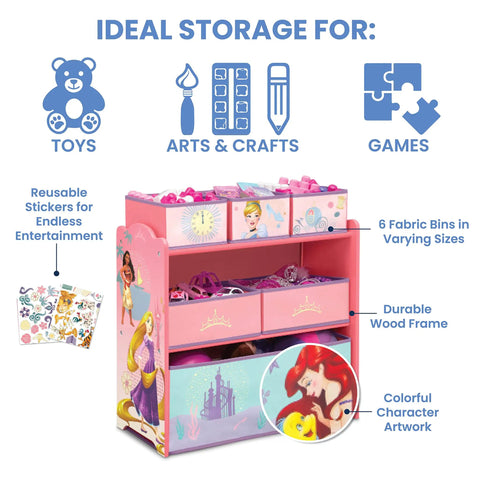 Disney Princess Six Bin Toy Storage Organizer For Kids with princess graphics, six fabric bins, durable wood frame, and reusable stickers